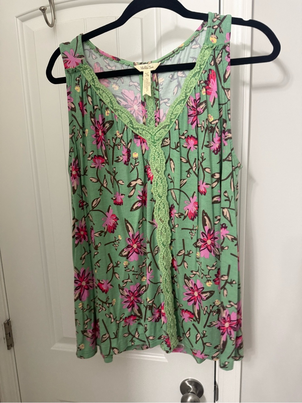 Matilda Jane Mint Green Tank with Pink Floral Print and Lace Trim
